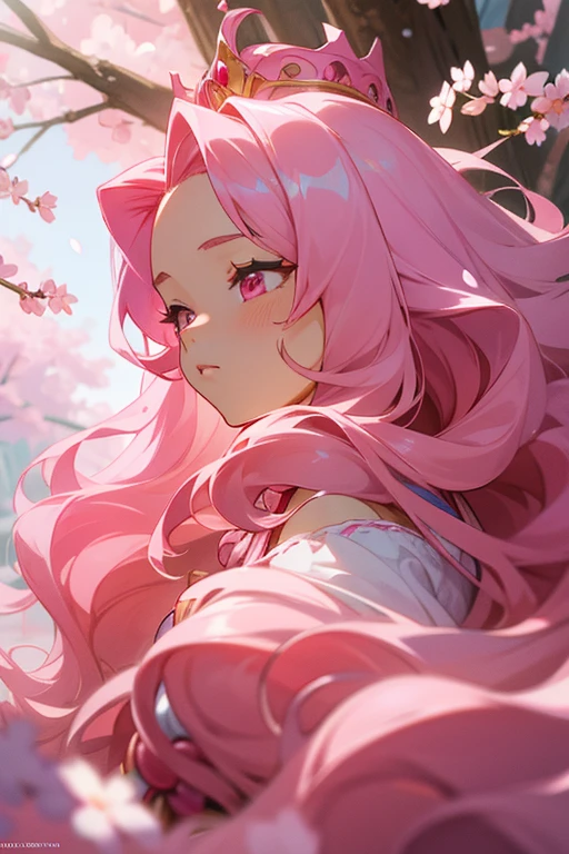 An adult anime princess with long pink wavy hair and pink eyes that is wearing a exquisite and detailed pink ballgown and has cherry blossom hair accessories and an exquisite pink tiara