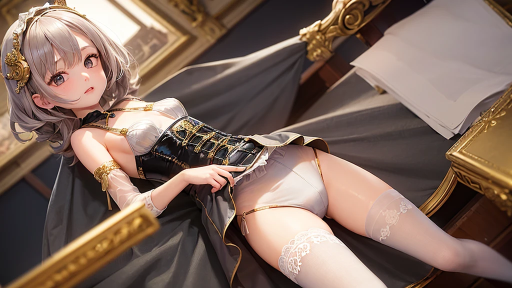 8 year old medieval girl, 1people々、In underwear、Gold and silver thread embroidery、She is wearing semi-transparent bloomers that reach down to her knees..、Wearing a semi-transparent corset、Translucent slip, Grey translucent tights、sleep
