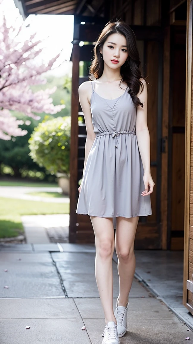  (masterpiece, top quality, best quality,1girls,Korean, beautiful face, smile, long hair, 19 years old, Tank top, ((Light grey straight dress:1.1)), White shoes, hills, full body view, sunset，Bangs to eyebrows、Beautiful brown hair、Beautiful and delicate eyes、Brown eyes、Raise an eyebrow、Bangs to eyebrows、Beautiful brown hair、Beautiful and delicate eyes、Brown eyes、Raise an eyebrow、High Nose、Small nostril、Little mouth、Tempting lips、Mouth slightly open、Beautiful breasts、Full body、Oval face,Phoenix Eyes，Eyebrow， Double eyelids, Long eyelashes, A faint smile, full-body shot:1.2，Long legs and fair skin,She has a pair of eyes as clear as water，Eyebrows are like distant mountains，Creamy skin，Lips like cherry blossoms。Long legs and fair skin,Her beauty is not only in appearance，It&#39;s more about her fragile yet tenacious temperament，Like a hibiscus flower swaying in the wind，It's pitiful， A faint smile, full-body shot:1.2，