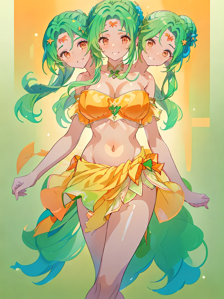 masterpiece, (3heads:1.5), 16K, best quality, 1girl, 16k resolution, ultra quality, ultra resolution, ultra detail, green hair, long flowing hair, smiling, grinning, open belly, white-orange crop top, orange-white miniskirt, open breasts, huge tits, curls, sexy pose, ponytail,