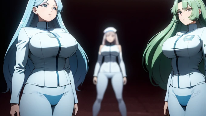 a masterpiece photo of 3 beautiful plump cyan-haired sisters with long wavy hair, cyan haired sisters, different hair colors, matching hairstyles, hazel eyes, big And round bust, matching uniforms, serious, flat color, same height, organized pose, back to back, best quality, 4k, 8k, highres, masterpiece:1.2, ultra-detailed, realistic, photorealistic, photo-realistic:1.37, HDR, UHD, studio lighting, ultra-fine painting, sharp focus, physically-based rendering, extreme detail description, professional, vivid colors, bokeh