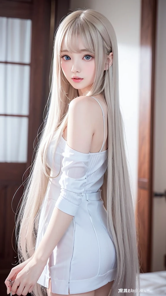 silver shiny hair、Super long straight silky hair、Dazzling blonde super long silky hair、16 years old cute little beautiful face、A beautiful girl、Sparkling blonde dancing in front of a pretty face、Long, silky bangs that cover the space between the eyes、Very beautiful, bright, large, light blue eyes、Very big eyes、Hair that hides the face、Sexy pretty young woman with super long bangs、Very white skin、Cheek gloss highlighter、Small Face Beauty、Round face、Cute Shirts、Ample Bust