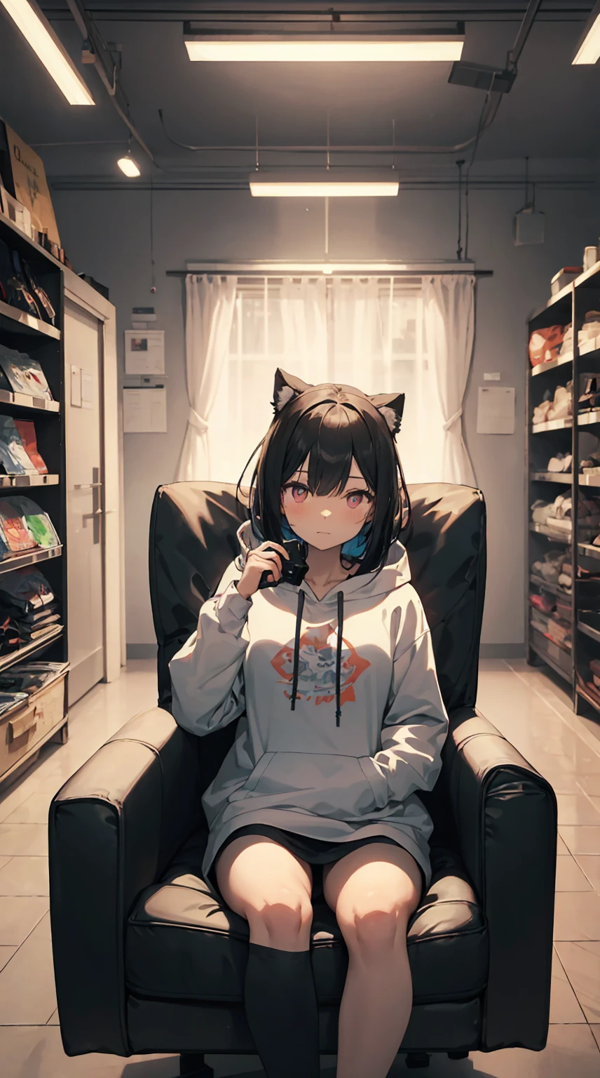 This illustration depicts a cute girl playing a game in her living room. She holds a game controller in her hand and her eyes sparkle. The room has a neon-colored wall and a dimly lit futuristic feel. However, the most noteworthy thing is the "last mysterious high-energy body" she emits. This energy body released from her body has the power to obliterate the garbage in the store. The pale light reaches every corner of the room. He is sitting cross-legged in a large chair and is wearing a hoodie. I'm obsessed with the game.