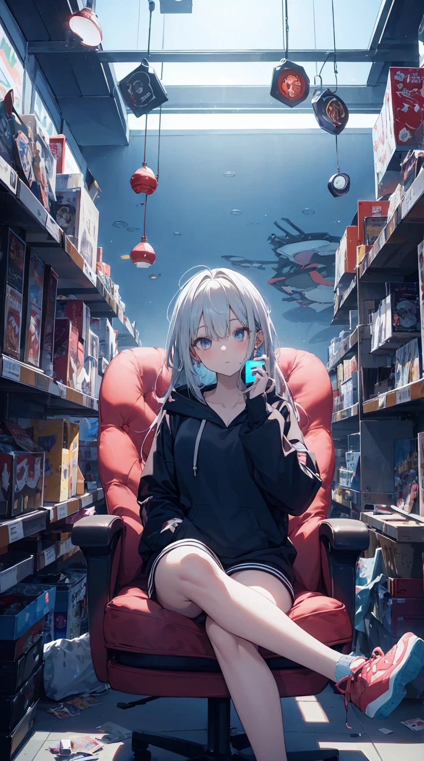 This illustration depicts a cute girl playing a game in her living room. She holds a game controller in her hand and her eyes sparkle. The room has a neon-colored wall and a dimly lit futuristic feel. However, the most noteworthy thing is the "last mysterious high-energy body" she emits. This energy body released from her body has the power to obliterate the garbage in the store. The pale light reaches every corner of the room. He is sitting cross-legged in a large chair and is wearing a hoodie. I'm obsessed with the game.
