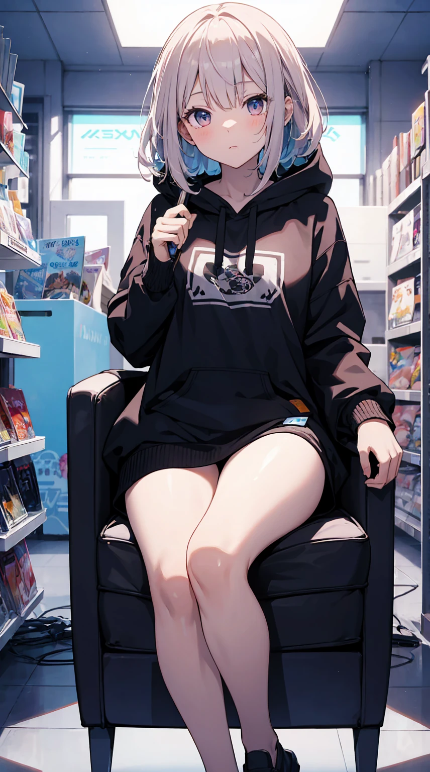This illustration depicts a cute girl playing a game in her living room. She holds a game controller in her hand and her eyes sparkle. The room has a neon-colored wall and a dimly lit futuristic feel. However, the most noteworthy thing is the "last mysterious high-energy body" she emits. This energy body released from her body has the power to obliterate the garbage in the store. The pale light reaches every corner of the room. He is sitting cross-legged in a large chair and is wearing a hoodie. I'm obsessed with the game.