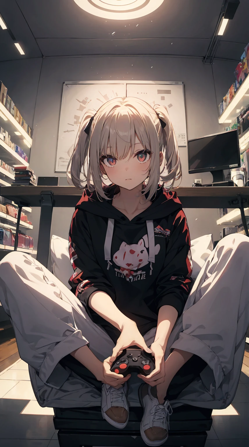 This illustration depicts a cute girl playing a game in her living room. She holds a game controller in her hand and her eyes sparkle. The room has a neon-colored wall and a dimly lit futuristic feel. However, the most noteworthy thing is the "last mysterious high-energy body" she emits. This energy body released from her body has the power to obliterate the garbage in the store. The pale light reaches every corner of the room. He is sitting cross-legged in a large chair and is wearing a hoodie. I'm obsessed with the game.