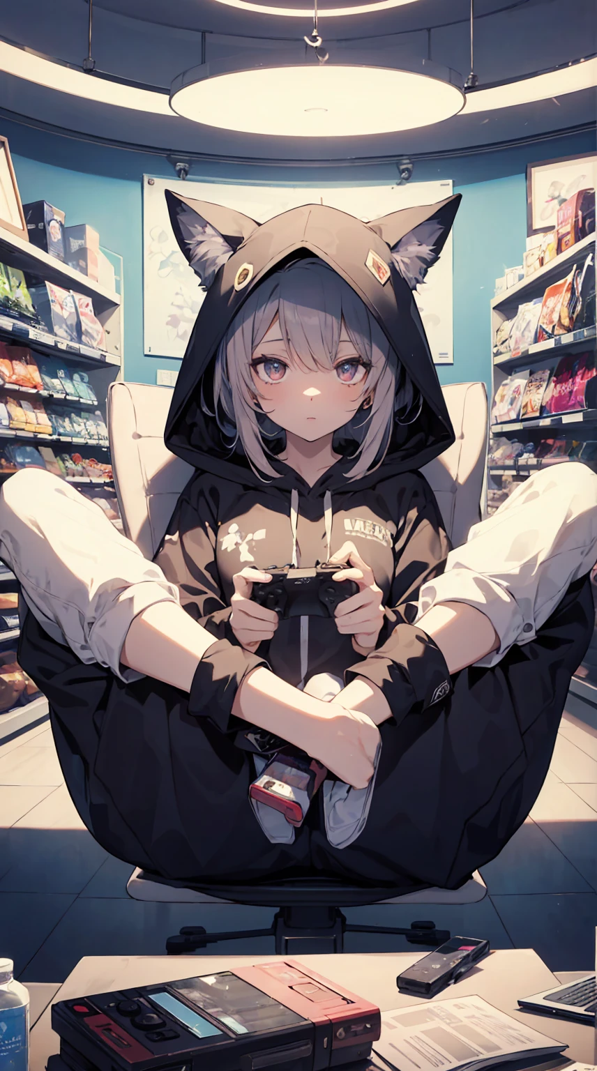 This illustration depicts a cute girl playing a game in her living room. She holds a game controller in her hand and her eyes sparkle. The room has a neon-colored wall and a dimly lit futuristic feel. However, the most noteworthy thing is the "last mysterious high-energy body" she emits. This energy body released from her body has the power to obliterate the garbage in the store. The pale light reaches every corner of the room. He is sitting cross-legged in a large chair and is wearing a hoodie. I'm obsessed with the game.