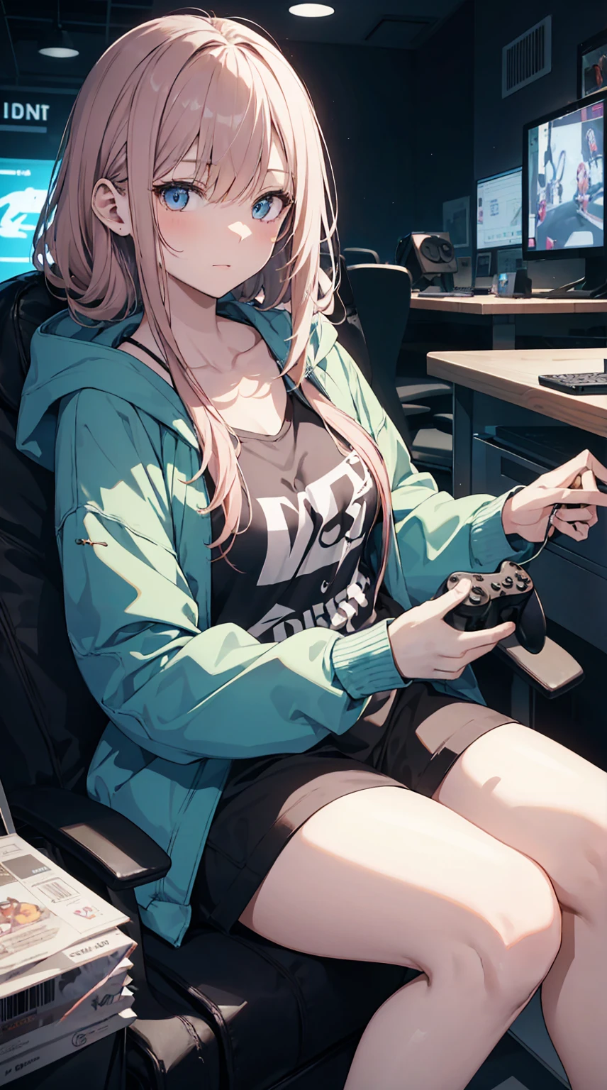 This illustration depicts a cute girl playing a game in her living room. She holds a game controller in her hand and her eyes sparkle. The room has a neon-colored wall and a dimly lit futuristic feel. However, the most noteworthy thing is the "last mysterious high-energy body" she emits. This energy body released from her body has the power to obliterate the garbage in the store. The pale light reaches every corner of the room. He is sitting cross-legged in a large chair and is wearing a hoodie. I'm obsessed with the game.
