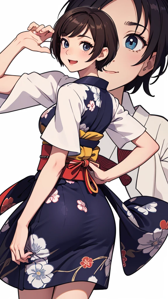 (((masterpiece, best quality, ultra highres, 1 girl, solo, no background))), super detailed skin and face and eyes and finger, beautiful japanese woman, small breasts:1.5, skinny, light brown hair, white background, very short pixie hair, (an illustration of girl), Knee shot, Generate with illustrations, Various expressions, Various poses, Please draw the entire character within the frame, ensuring that the head, arms, and legs are not cut off. The background should be simple, with the character positioned centrally, outline, anime, yukata, laugh, boyish,