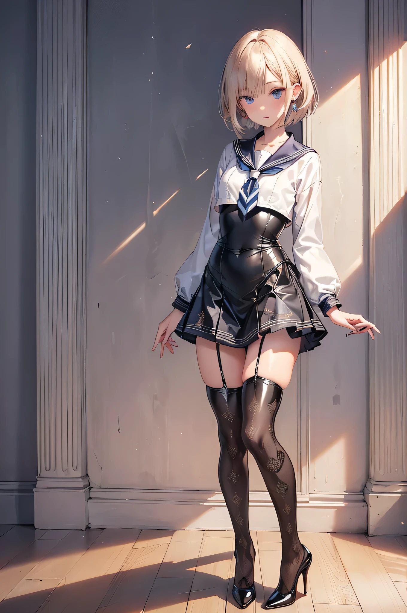 ((Biologically correct limb count)),(( From head to toe,Full-body photo including face)),4K,((Standing position)),masterpiece,((Focus on the face)),((Symmetrical facial features)),Eyes with detailed description,Beautiful woman,Great style,Beautiful arms,Beautiful legs,Beautiful Hands,(Small Ass,Thin thighs),Facial detailing,Small earrings,necklace,(Latex sailor suit,mini skirt((High heels,Patterned stockings))),((Waiting for someone to meet up)),Silk gloves,Realistic photo,Short Hair,Stand at an angle