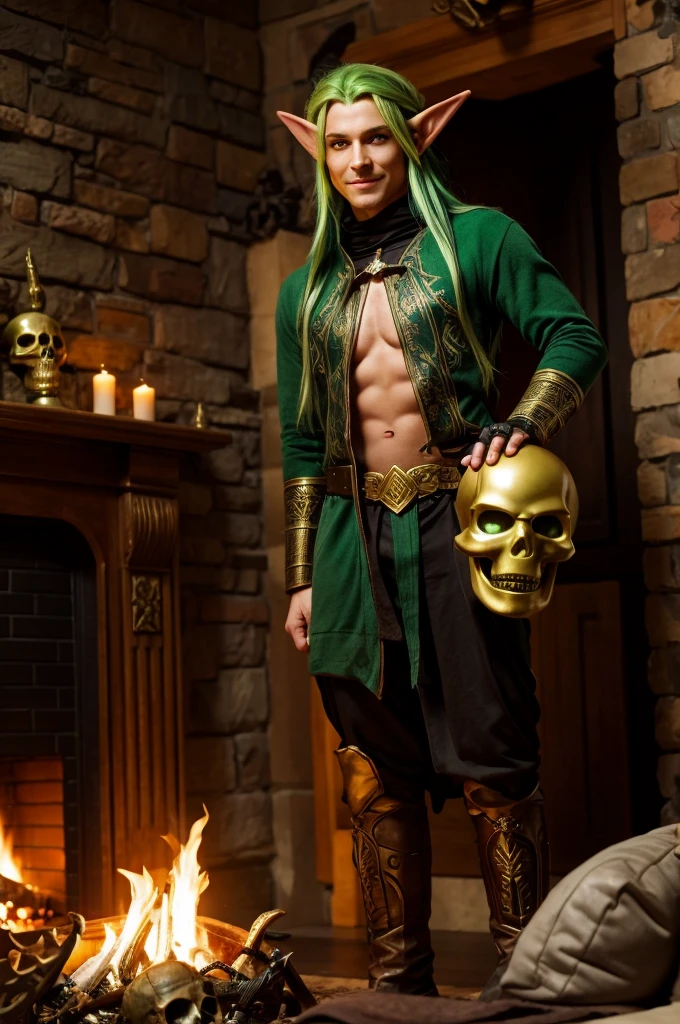 An elf sorcerer with green hair, golden eyes, holding a smiling skull with a fireplace behind him