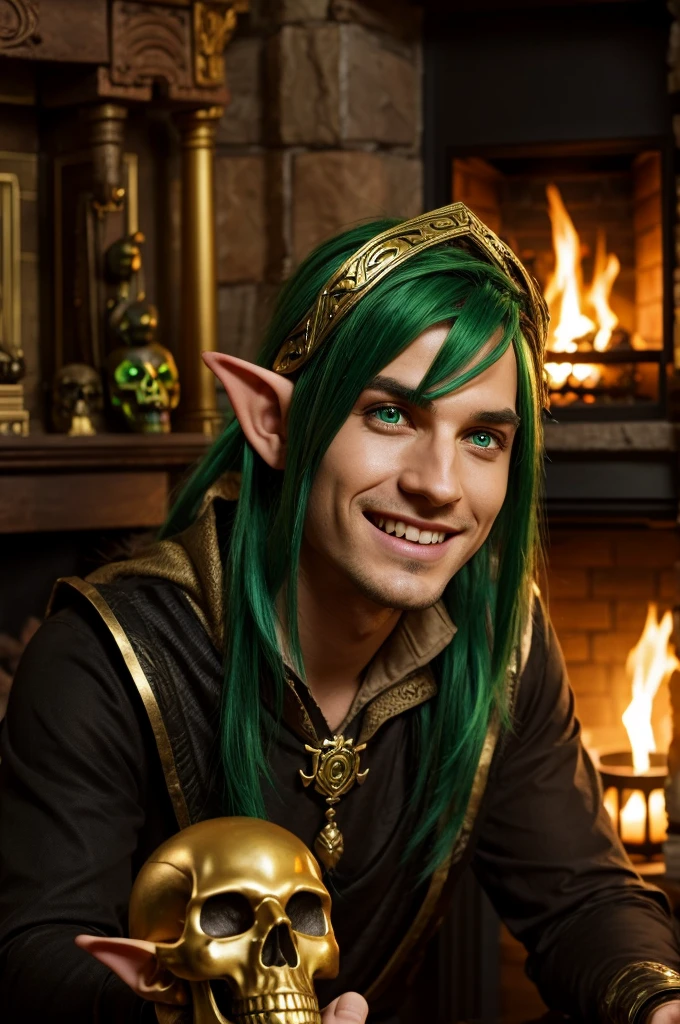 An elf sorcerer with green hair, golden eyes, holding a smiling skull with a fireplace behind him