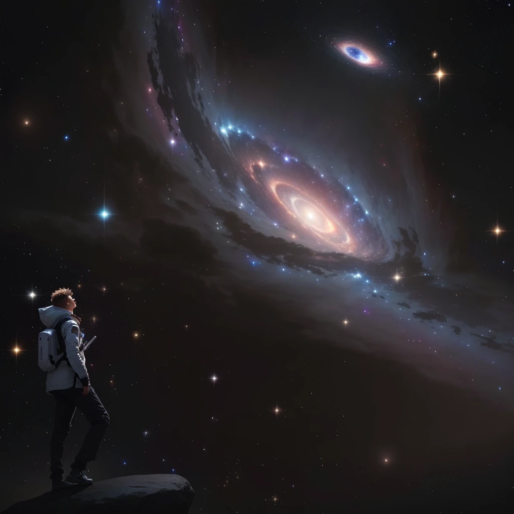 Image of a person, standing on a stone and looking at the galaxy, looking into space, next to the galaxy, looking into space, lost in the vastness of space, standing in outer space, huge cosmic scale, A cosmic creature of enormous proportions, in space, in the universe.very realistic, Holding on to the galaxy, huge space