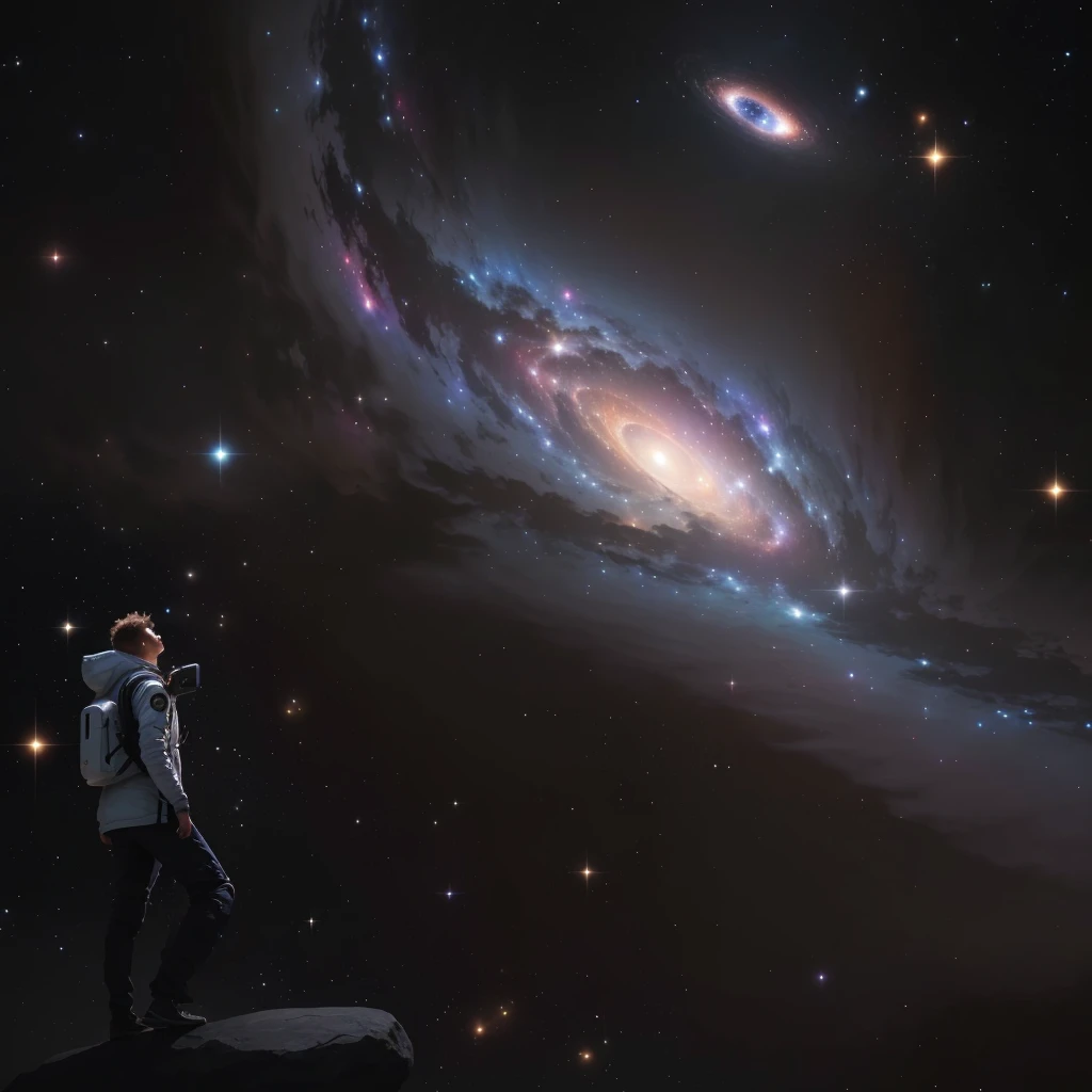 Image of a person, standing on a stone and looking at the galaxy, looking into space, next to the galaxy, looking into space, lost in the vastness of space, standing in outer space, huge cosmic scale, A cosmic creature of enormous proportions, in space, in the universe.very realistic, Holding on to the galaxy, huge space