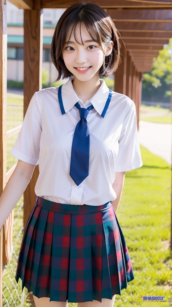 incredibly absurd, beautiful and cute 20-year-old Korean girl with a photorealistic face, showcasing top-quality craftsmanship. Her slender frame adorned with short, messy hair. The artwork high-resolution, allowing for ultra-detailed features to be captured flawlessly. The girl is wearing School Costume. The focus lies on the realistic pupils, showcasing depth and emotion. ((breasts out)) cute smile.