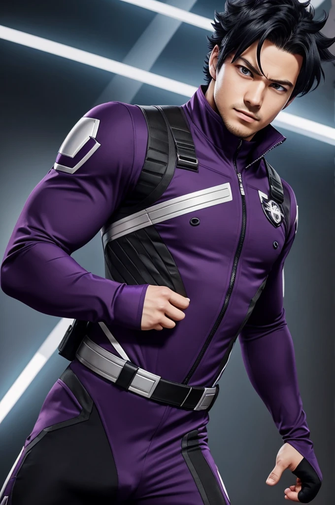 Make a handsome adult man boku no hero academia anime style, with short wavy black hair, tired and serious purple eyes, stylish full body suit with fly decoration