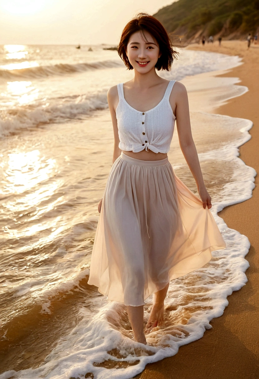 sunset on the beach,바다에 잔광이 비치네sunset on the beach 붉은 태양,A strong lingering scent is reflected in the sea., Beautiful 36-year-old short Korean woman, Chest size 34 inches, Wear sleeveless, light skirt. beautiful pretty woman look , wearing a light skirt , Go far into the sea water and dip your toes., Short medium hair blowing in the wind, 1 short woman, beautiful eyes, a little smile, Full-body photo taken from afar with a wide-angle lens, The background is clean and perfect., waves moved by the wind, best high definition