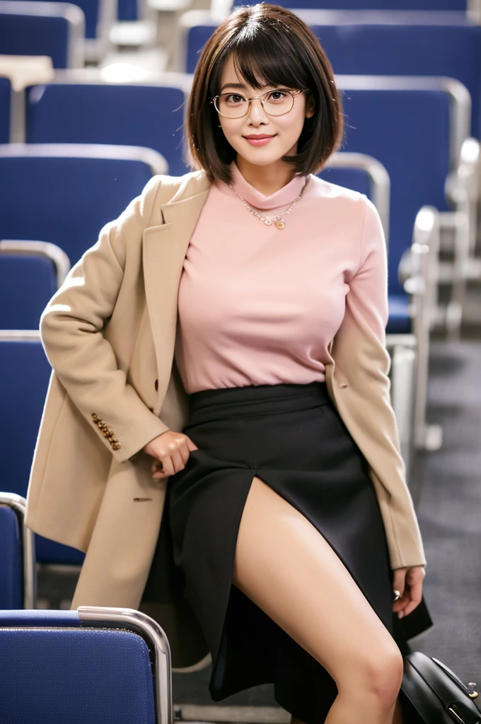 Adult sex appeal、Sexy female scholar、University lecture hall, university psychology associate professor, ((full body)), ((photo)), ((best qualtiy, 8K, tmasterpiece:1.3)), Focus:1.2, perfect figure beautiful woman:1.41woman, cowboy shot, look at viewer, eyes facing the camera, incredibly absurd, beautiful and cute woman with a photorealistic face, showcasing top-quality craftsmanship, A Japanese woman giving a lecture at a university lecture hall, 27 years old, with a bob cut and flipped hair, short bangs swept at an angle, smooth and shiny hair, natural hairline, fair and smooth skin, plump and healthy cheeks, large, jet black eyes, round eyes, long and upward-facing eyelashes, double eyelids, thin and straight eyebrows, small and round nose, plump lips, upturned corners of the mouth, charming smile, cute face, glamorous, well-balanced proportions, tall, beautiful D-cup breasts, silver-rimmed glasses, pink blouse, black tight skirt, fashion with a waist-marked silhouette, scarf, heeled shoes, vanilla perfume, beautiful, pretty older woman, glasses suit her, knowledgeable, playful, curious, smart, elegant, November