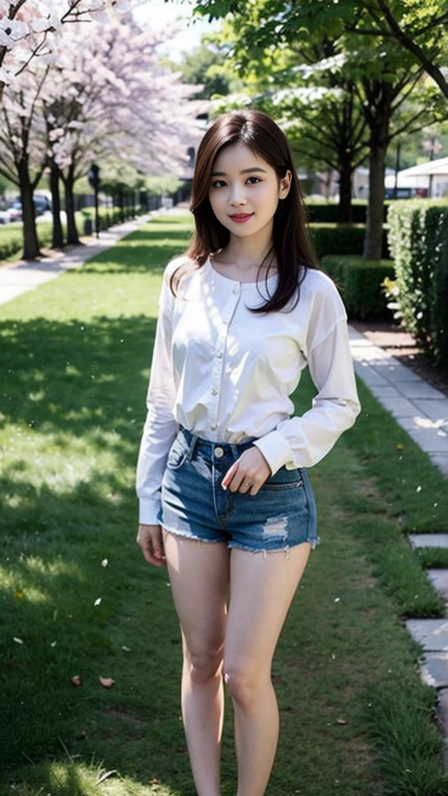 Wearing a white shirt, girl, (tight top:1.5),close your mouth and smile,legs long,Skinny super shorts,White skin of the,high high quality,4K, Face-to-face audience, 1 plump girl,hair tying up,at the street side,(Bring your legs together:1.5),with a round face, 32 inches in the chest, (sexy pose),(standing pose) ,(full body shot)、Chest 32 inches, ,Stand on the grass and take pictures