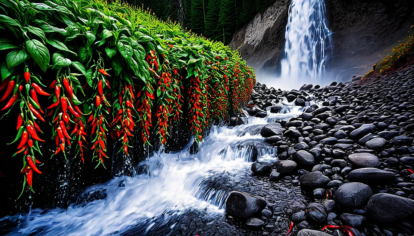 Realistic,Very realistic photo of mt hood,oregon,Extreme Detail,Breathtakingly realistic,High contrast realism,High Saturation Realism,Vibrant colors, Chilis, Red peppers, basil, waterfall, Dramatic lighting,Fascinating landscape,Persuasive storytelling,Atmospheric scenery,Captivating visuals,Intricate details,Strong emotions,Heavenly Beauty,A dreamlike world