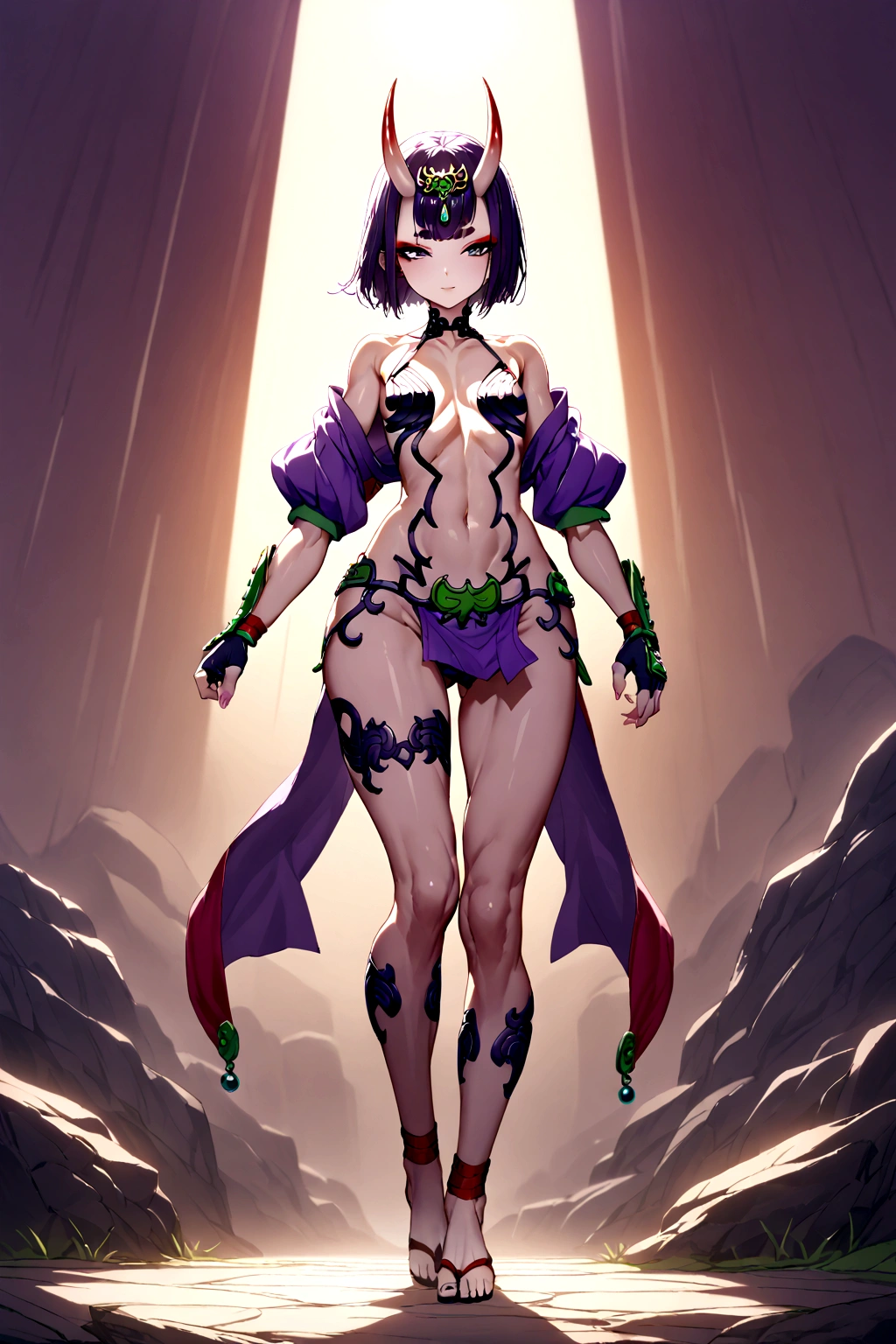 Shuten, arm guards, armor, black gloves, bodysuit, fingerless gloves, gloves, japanese armor, kote, loincloth, purple bodysuit, ribbed sleeves, tabard, toned, breasts, full body.