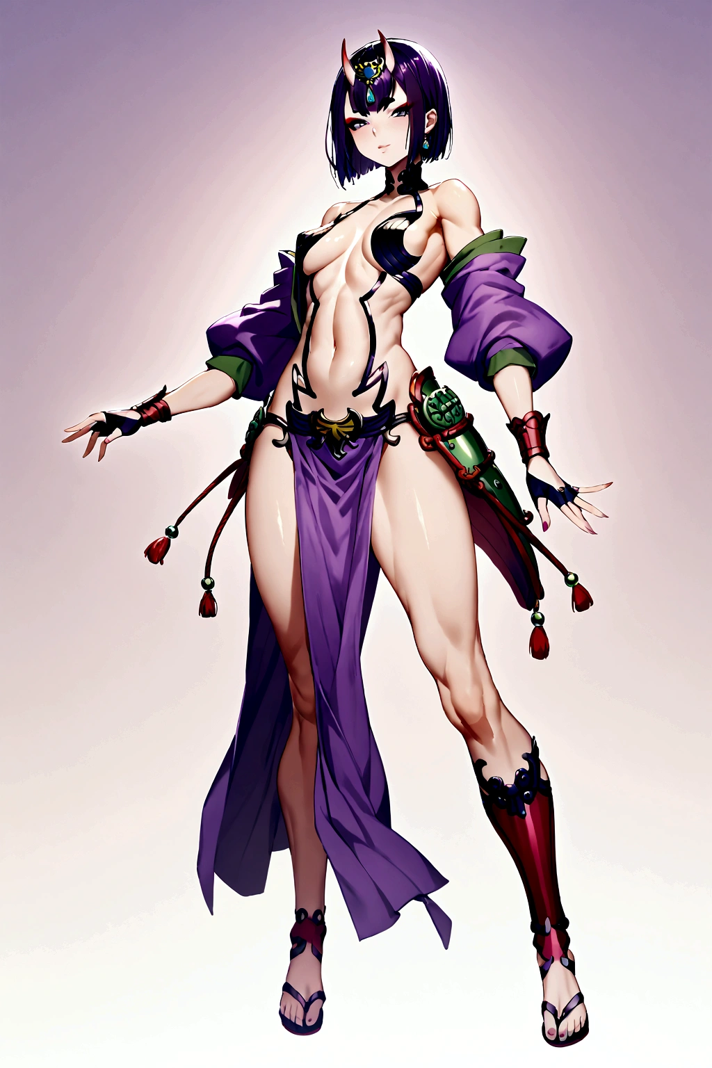 Shuten, arm guards, armor, black gloves, bodysuit, fingerless gloves, gloves, japanese armor, kote, loincloth, purple bodysuit, ribbed sleeves, tabard, toned, breasts, full body.