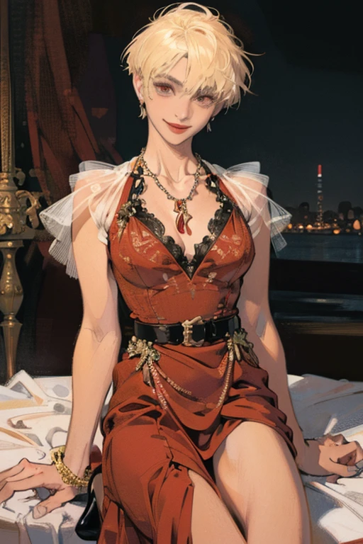(rule of thirds),((ultra realistic illustration:1.2)),Athletic blonde woman, (short hair), tomboy, cute, ((smile)), Red lipstick,necklace, evening dress, belt, high heels.Masterpiece, best quality,(highly detailed:1.2),(detailed face and eyes:1.2), 8k wallpaper, depth of field, natural lighting. core shadows, high contrast, bokeh.