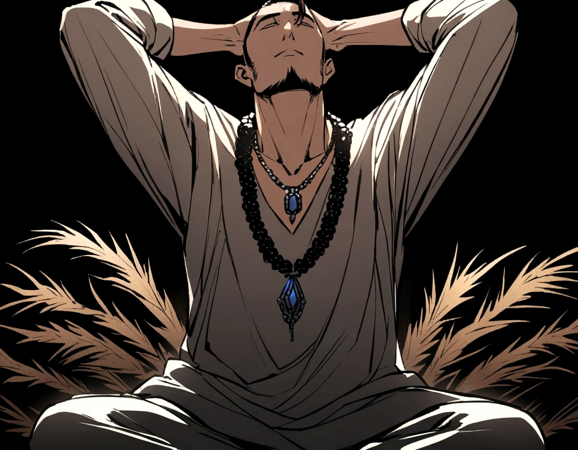 Artistic painting of very thin men., goatee, necklace around the neck, Both arms raised, Sitting and meditative posture, black background