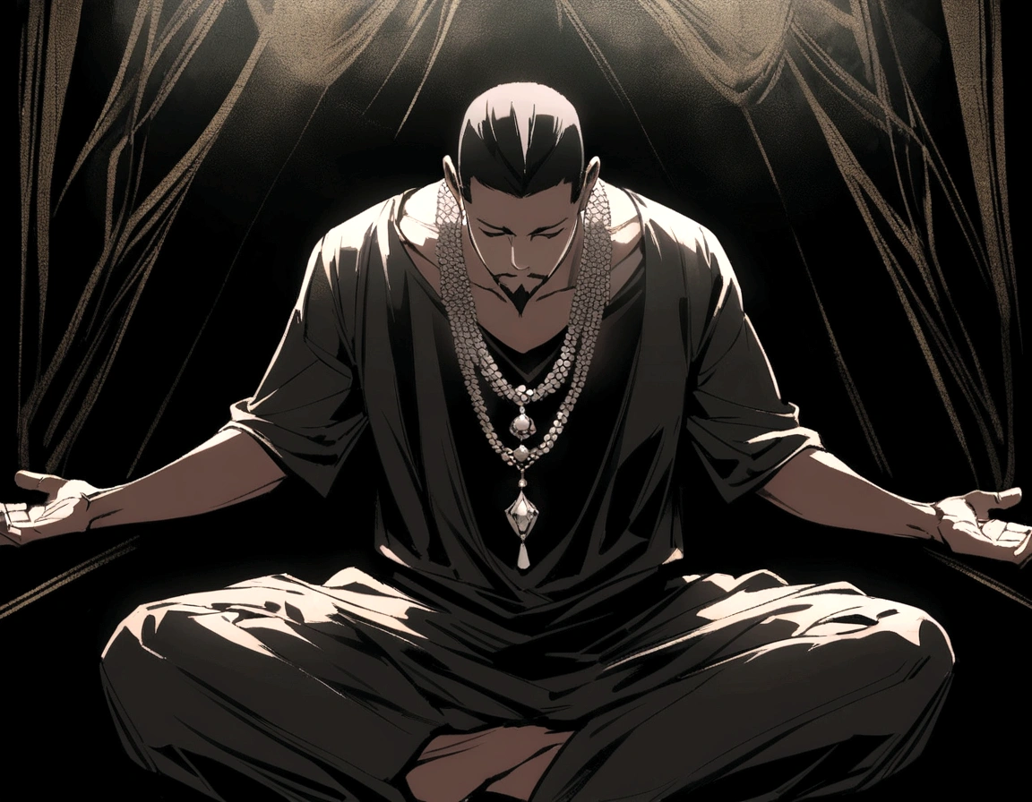 Artistic painting of very thin men., goatee, necklace around the neck, Both arms raised, Sitting and meditative posture, black background