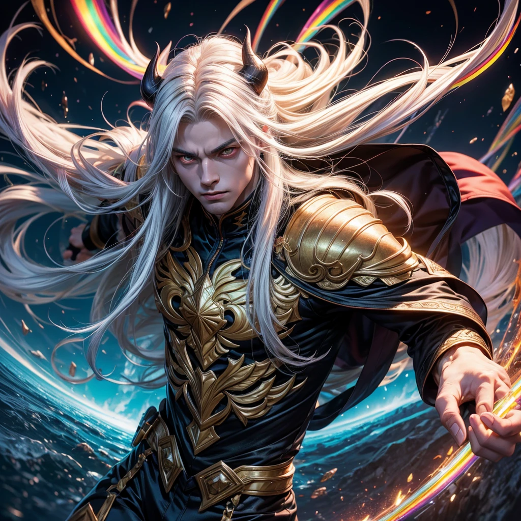 Athletic handsome demon making a somersault  into a chochet rainbow dimension, long white hair, amber eyes, dynamic image, esoteric, highly detailed, slightly influenced by manhua aesthetics.