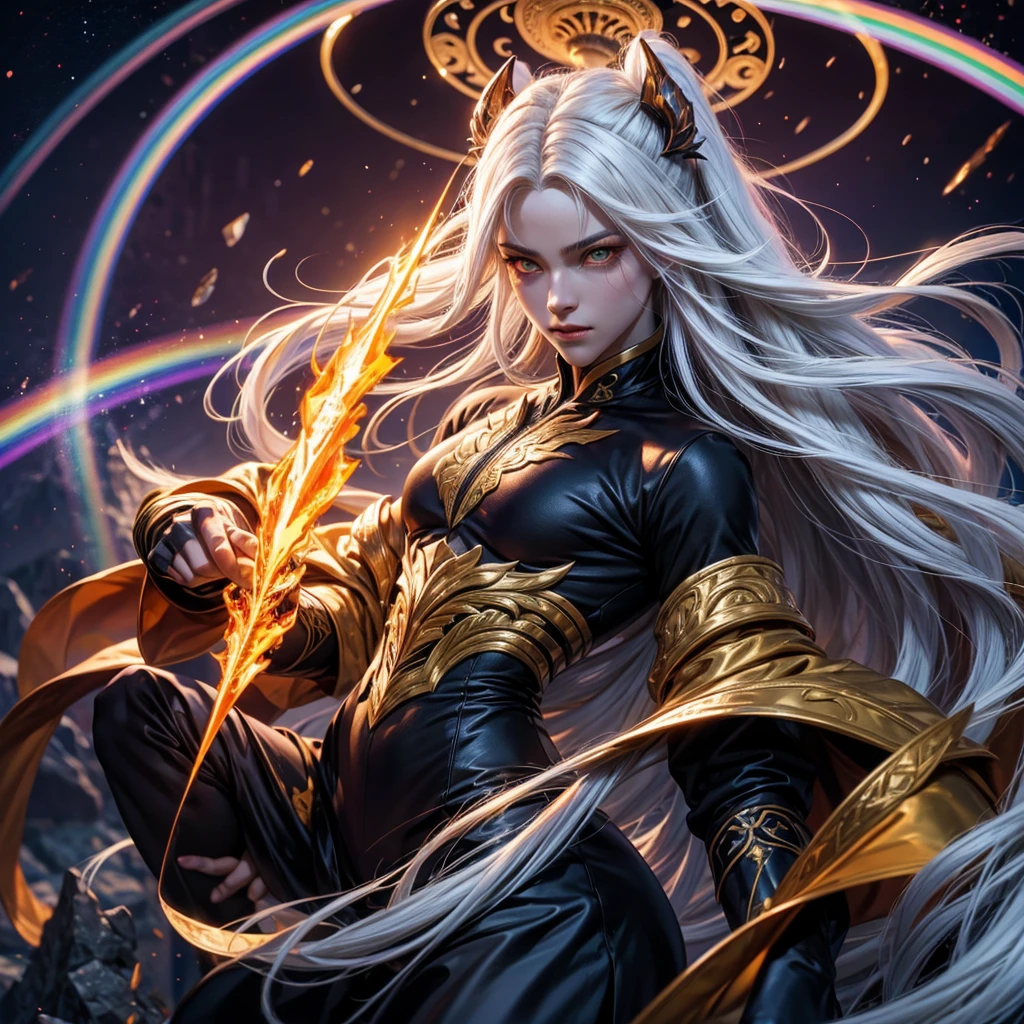 Athletic handsome demon making a somersault  into a chochet rainbow dimension, long white hair, amber eyes, dynamic image, esoteric, highly detailed, slightly influenced by manhua aesthetics.