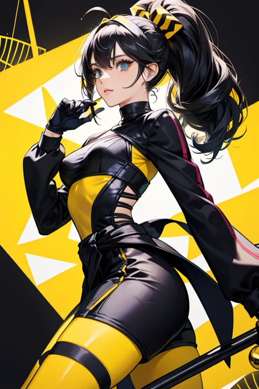 Queen Bee wears a yellow and black domino mask. She wears her hair back in a ponytail which is curled to resemble a bee's stinger at the ends, tied with a black hairband, with two black antennae-like ribbons sticking out from the hairband, and a streak of black hair curled into her ponytail. The Bee Miraculous comb is placed on the upper right side of her head next to the hairband. Queen Bee wears a yellow skin-tight jumpsuit made up of many tiny hexagonal patterns to resemble a honeycomb with a black collar(turtleneck), three black stripes on her torso, which includes a large black one covering her rib cage, and two on the upper thigh. The sleeves of her suit are also black, which end in gloves with yellow fingers. Her black boots go down the length of her lower legs, starting directly below the second stripe on her thigh, and ending with yellow high platform soles. She has her weapon, the spinning top, tied around her waist. The similarities between her and Ladybug's suit designs could be an allusion to her adoration of the latter. SPARKLE; GLITTER