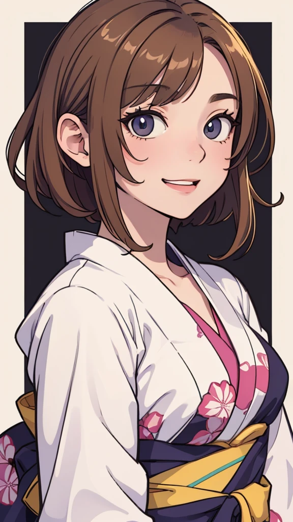 (((masterpiece, best quality, ultra highres, 1 girl, solo, no background))), super detailed skin and face and eyes and finger, beautiful japanese woman, small breasts:1.5, skinny, light brown hair, white background, very short pixie hair, (an illustration of girl), Knee shot, Generate with illustrations, Various expressions, Various poses, Please draw the entire character within the frame, ensuring that the head, arms, and legs are not cut off. The background should be simple, with the character positioned centrally, outline, anime, yukata, laugh, boyish, 