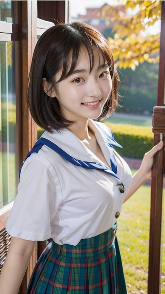 incredibly absurd, beautiful and cute 20-year-old Korean girl with a photorealistic face, showcasing top-quality craftsmanship. Her slender frame adorned with short, messy hair. The artwork high-resolution, allowing for ultra-detailed features to be captured flawlessly. The girl is wearing School Costume. The focus lies on the realistic pupils, showcasing depth and emotion. ((breasts out)) cute smile.