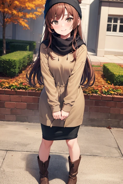 1girl, woman, brown hoodie (cropped), tight midi pencil skirt (black), long length pencil skirt, long brown hair, looking at viewer, full body, smile, blush, boots, garden, fall, leaves, beanie, scarf