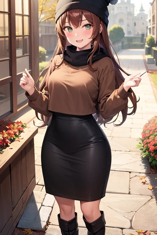 1girl, woman, brown hoodie (cropped), tight midi pencil skirt (black), long length pencil skirt, long brown hair, looking at viewer, full body, smile, blush, boots, garden, fall, leaves, beanie, scarf