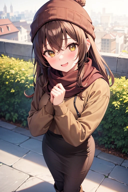 1girl, woman, brown hoodie (cropped), tight midi pencil skirt (black), long length pencil skirt, long brown hair, looking at viewer, full body, smile, blush, boots, garden, fall, leaves, beanie, scarf