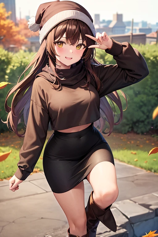 1girl, woman, brown hoodie (cropped), tight midi pencil skirt (black), long length pencil skirt, long brown hair, looking at viewer, full body, smile, blush, boots, garden, fall, leaves, beanie, scarf