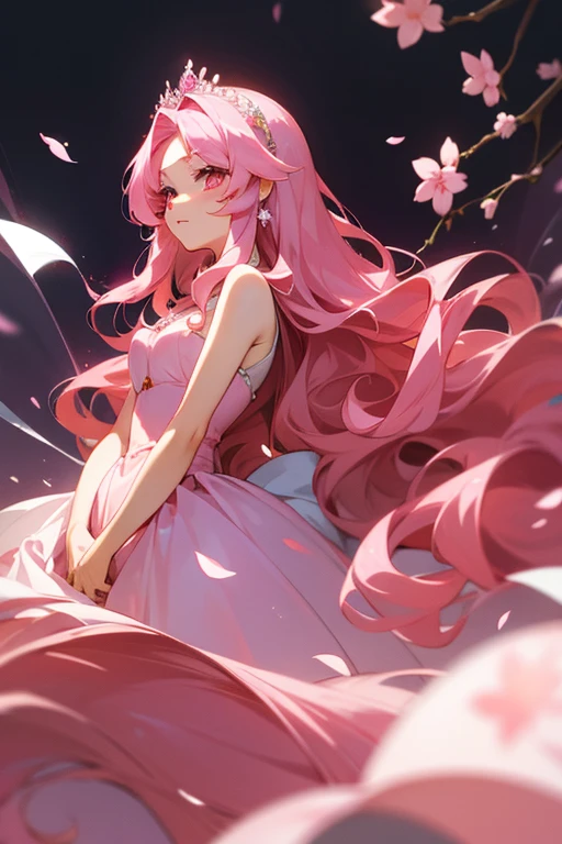 An adult anime princess with long pink wavy hair and pink eyes that is wearing a pink ballgown and has cherry blossom hair accessories and an exquisite pink tiara