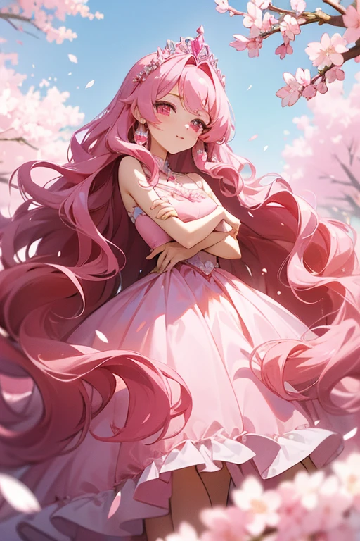 An adult anime princess with long pink wavy hair and pink eyes that is wearing a pink ballgown and has cherry blossom hair accessories and an exquisite pink tiara