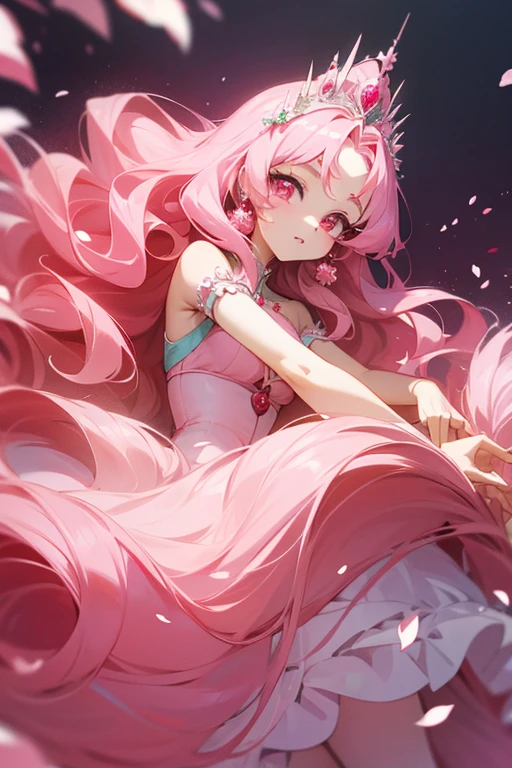 An adult anime princess with long pink wavy hair and pink eyes that is wearing a pink ballgown and has cherry blossom hair accessories and an exquisite pink tiara