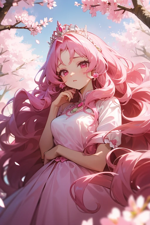 An adult anime princess with long pink wavy hair and pink eyes that is wearing a pink ballgown and has cherry blossom hair accessories and an exquisite pink tiara