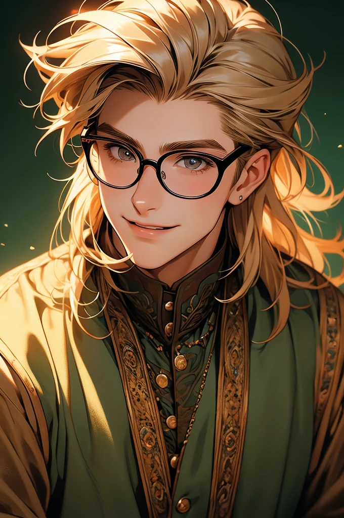 [32k, 8k, very detailed image, masterpiece], young man, naturally handsome, 23 years old, medium-length blond hair, light brown eyes, large round glasses, [looking fixedly at the viewer], shaved beard, adventurous colored clothing olive, guild background, [[laughing expression]], laughter 1.5