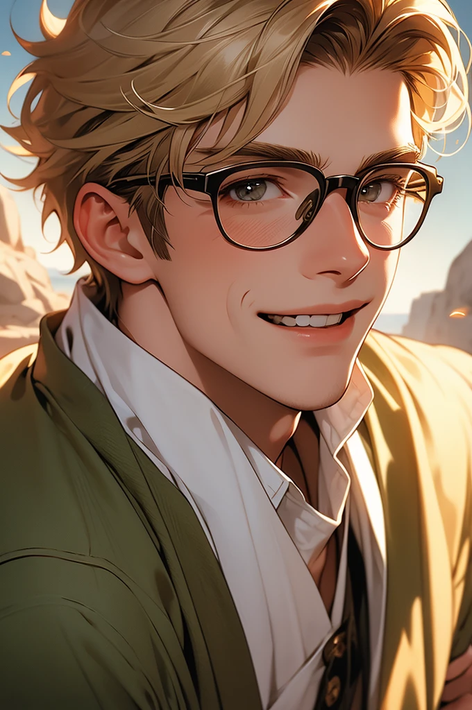 [32k, 8k, very detailed image, masterpiece], young man, naturally handsome, 23 years old, medium-length blond hair, light brown eyes, large round glasses, [looking fixedly at the viewer], shaved beard, adventurous colored clothing olive, guild background, [[laughing expression]], laughter 1.5