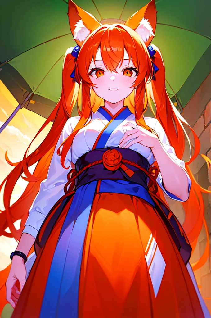 [(SUMMER BACKGROUND:1.5),::5], ((((masterpiece)))), high quality, full color, breasts, from_below, focus on eyes, girl, woman, female, young, 20 years old, long hair, big hair, orange hair, light smile, fox_ears, (orange eyes), japanese_clothes, (upper body)