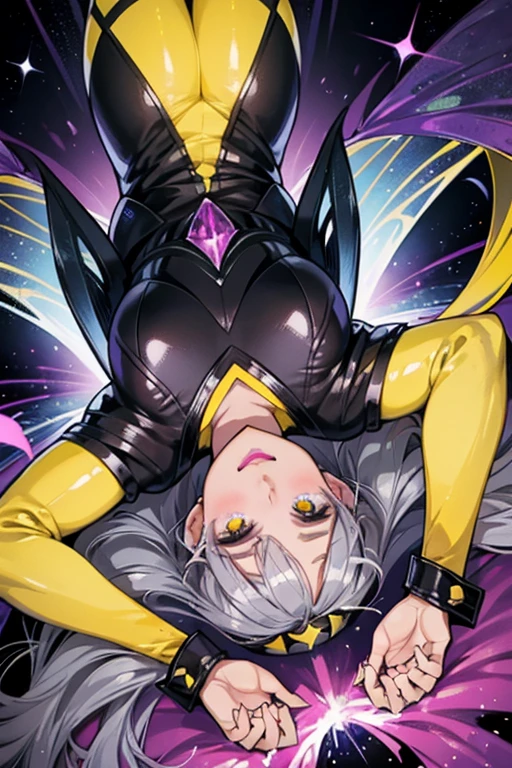 Queen Wasp looks similar to Queen Bee, but with inverted colors, very dark gray hair with a yellow hairband going through. She also has light cornflower blue sclerae, vivid fuchsia irises, strong rose colored lipstick, and dusty, yellow skin. SPARKLE; GLITTER