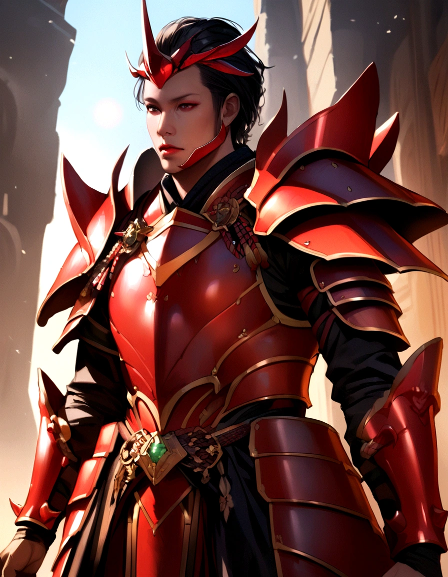 japanese samurai in armor、Highest bit、very elaborate armor、red tint、ck、Highly detailed background，Realistic，Ultra-detailed，Highly detailed skin，Shine，Film Grain，According to II，Lens flare，sharp，Shadows in the movie