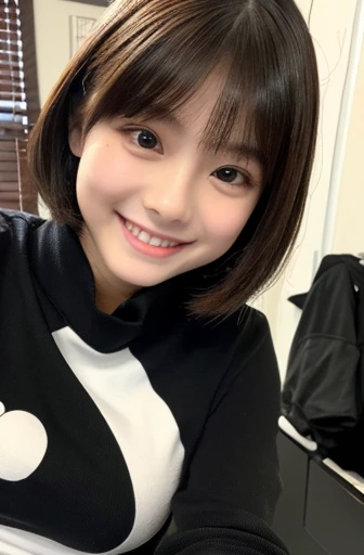 Shortcuts、smile、smile、((Please wear a black long sleeve top))、((Selfie style in my room)),((student))、((Very young))、((very cute))、((So adorable))、((More naturally))),Highest quality, masterpiece, Ultra-high resolution, (Realistic:1.4), photograph, Very detailed, Perfect Anatomy, 1 girl, 18-year-old, Famous idols of Japan, Front view, Crotch close-up,, ((Accentuate your breasts))