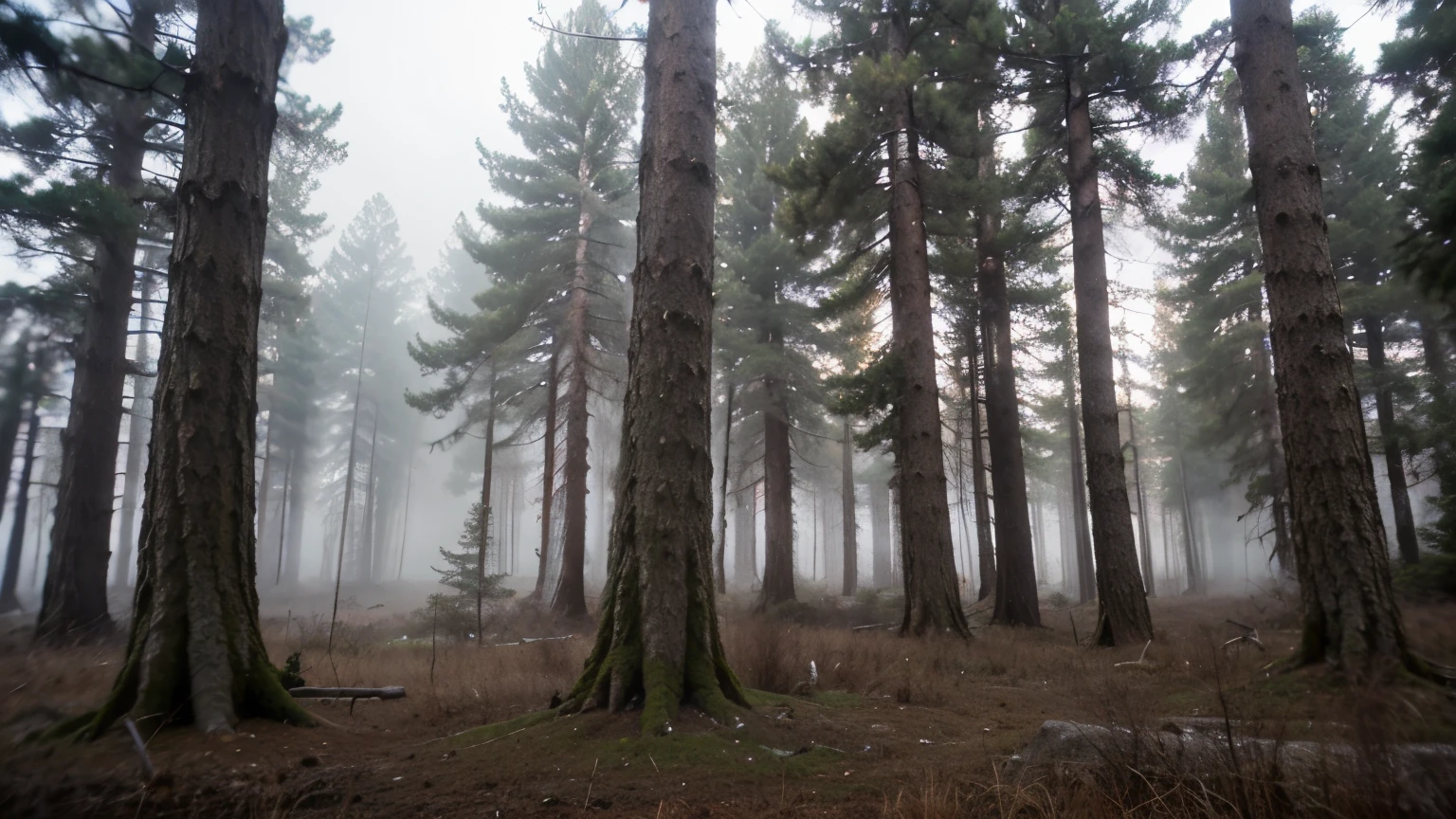 ((best quality)), ((masterpiece)), (detailed), middle of a dense pine forest, many pine trees, fog, cold weather