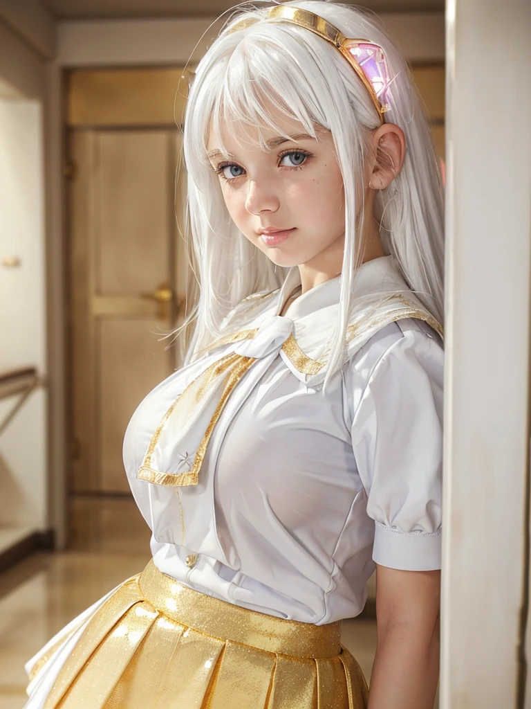(shiny white skin:1.4),(a girl with big breast:1.6),(cute face:1.5) , (mystic gold :1.5) ,,(white blouse:1.4),(junior high school uniform:1.5)